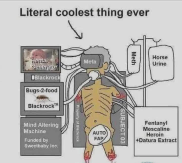 This meme is a satirical image that combines various internet trends and technologies. The image depicts a person with multiple limbs and organs, each labeled with a different internet-related term, such as "NFT," "TikTok," and "Horse Urine." The text at the top reads "Literal coolest thing ever" in a playful, tongue-in-cheek tone.